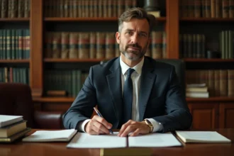 Avocat indépendant dans son cabinet privé consultant des documents juridiques sur un bureau en bois