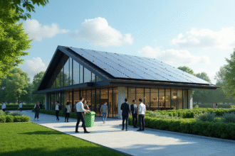 Bâtiment moderne avec panneaux solaires et jardins verts