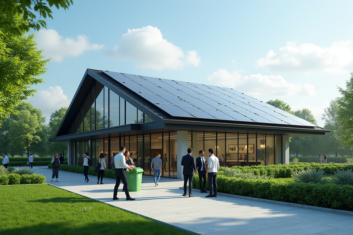 Bâtiment moderne avec panneaux solaires et jardins verts