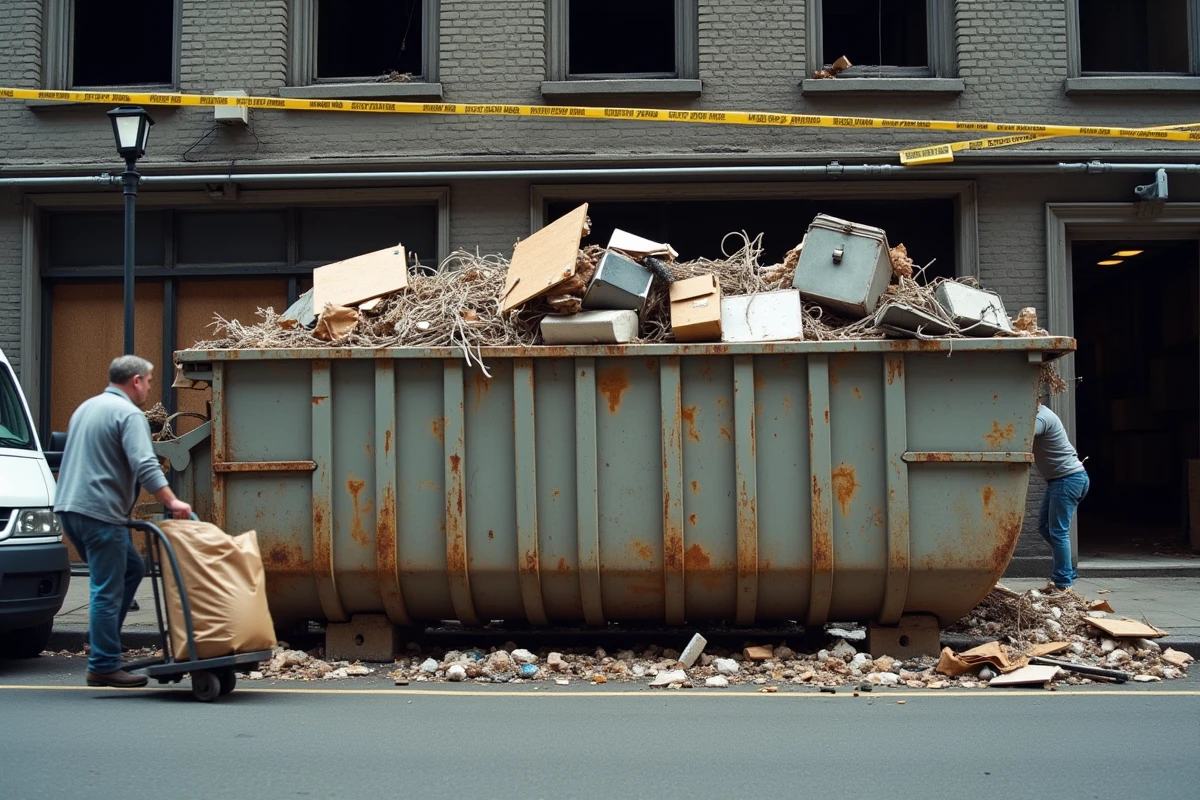 Benne industrielle remplie de déchets après un débarras de locaux professionnels suite à un sinistre