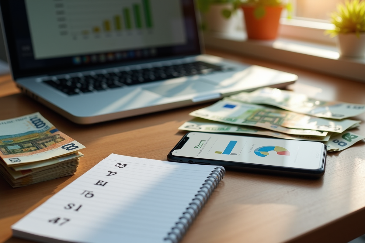 Billets euros et outils marketing sur un bureau ensoleille