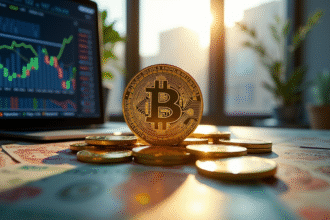 Bitcoin en or sur des devises mondiales avec graphiques et écrans