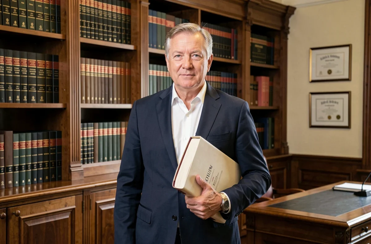 Avocat senior du cabinet Boniface et Associés au barreau de Rouen en costume marine devant une bibliothèque juridique