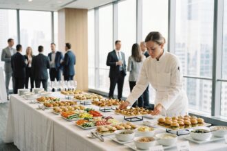 Table de buffet d'entreprise soigneusement organisée dans une salle de conférence moderne avec des plateaux de finger food et un traiteur professionnel