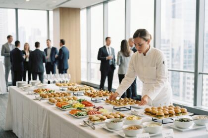 Table de buffet d'entreprise soigneusement organisée dans une salle de conférence moderne avec des plateaux de finger food et un traiteur professionnel