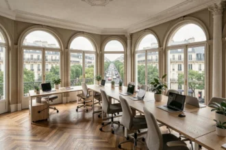 Bureau moderne en open space dans un immeuble haussmannien sur les Champs-Élysées avec vue sur l'avenue parisienne