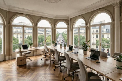 Bureau moderne en open space dans un immeuble haussmannien sur les Champs-Élysées avec vue sur l'avenue parisienne