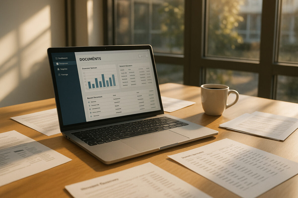 Photo d'un bureau moderne avec un ordinateur affichant un tableau de gestion de documents