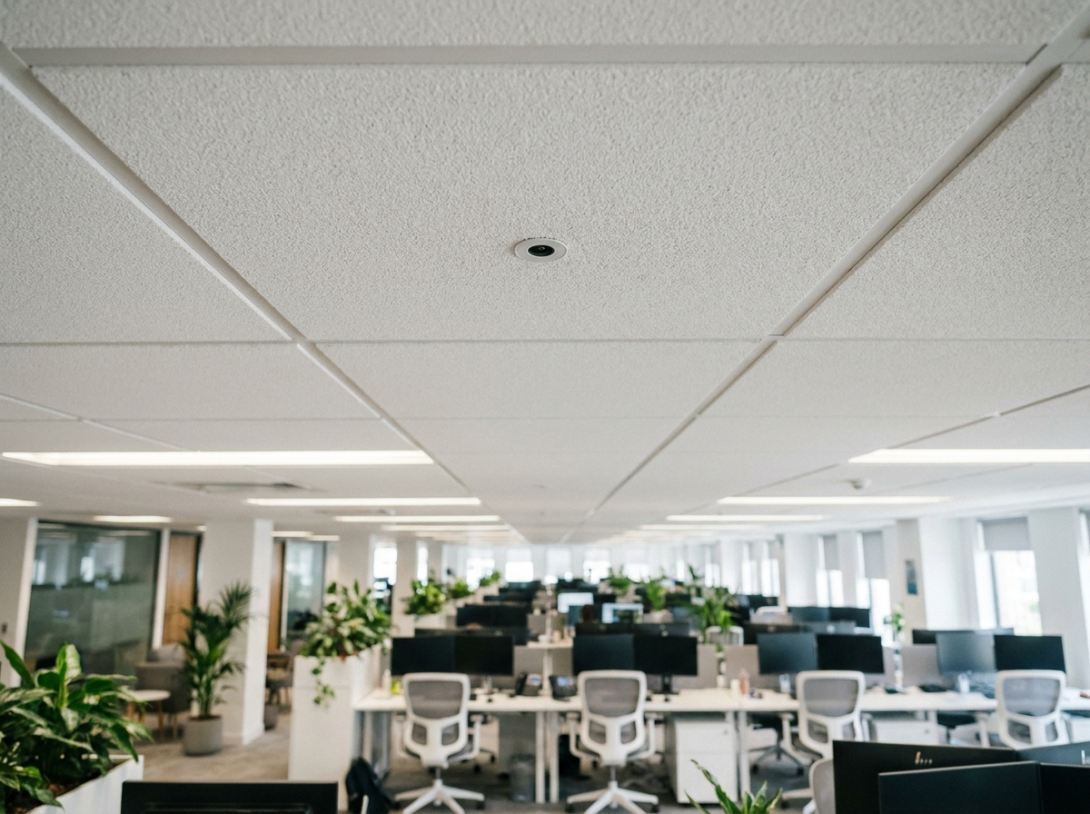 Caméra de sécurité discrète encastrée dans le plafond d'un bureau professionnel en open space