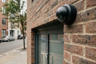 Caméra de surveillance visible installée en hauteur sur la façade en briques d'un bâtiment professionnel