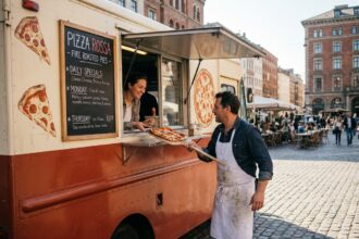 Camion à pizza rouge et crème stationné sur une place urbaine pavée, avec un pizzaiolo servant une pizza chaude par la fenêtre de service à un client