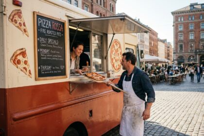 Camion à pizza rouge et crème stationné sur une place urbaine pavée, avec un pizzaiolo servant une pizza chaude par la fenêtre de service à un client