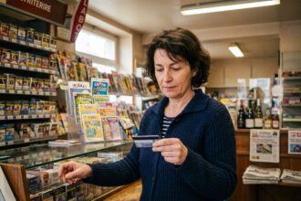 Femme achetant une carte bancaire prépayée dans un bureau de tabac français