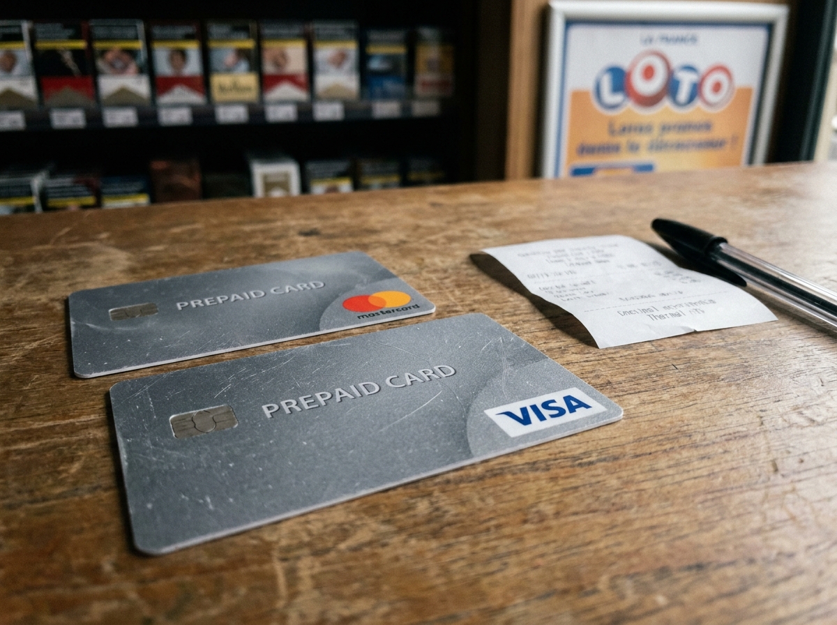 Cartes bancaires prépayées Visa et Mastercard posées sur un comptoir de bureau de tabac