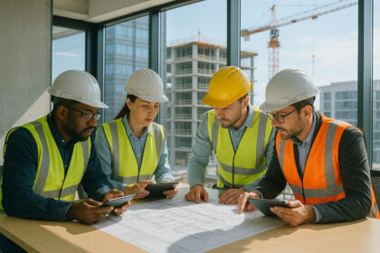 Photo hyperrealiste d un bureau de chantier moderne avec équipe d ingénieurs