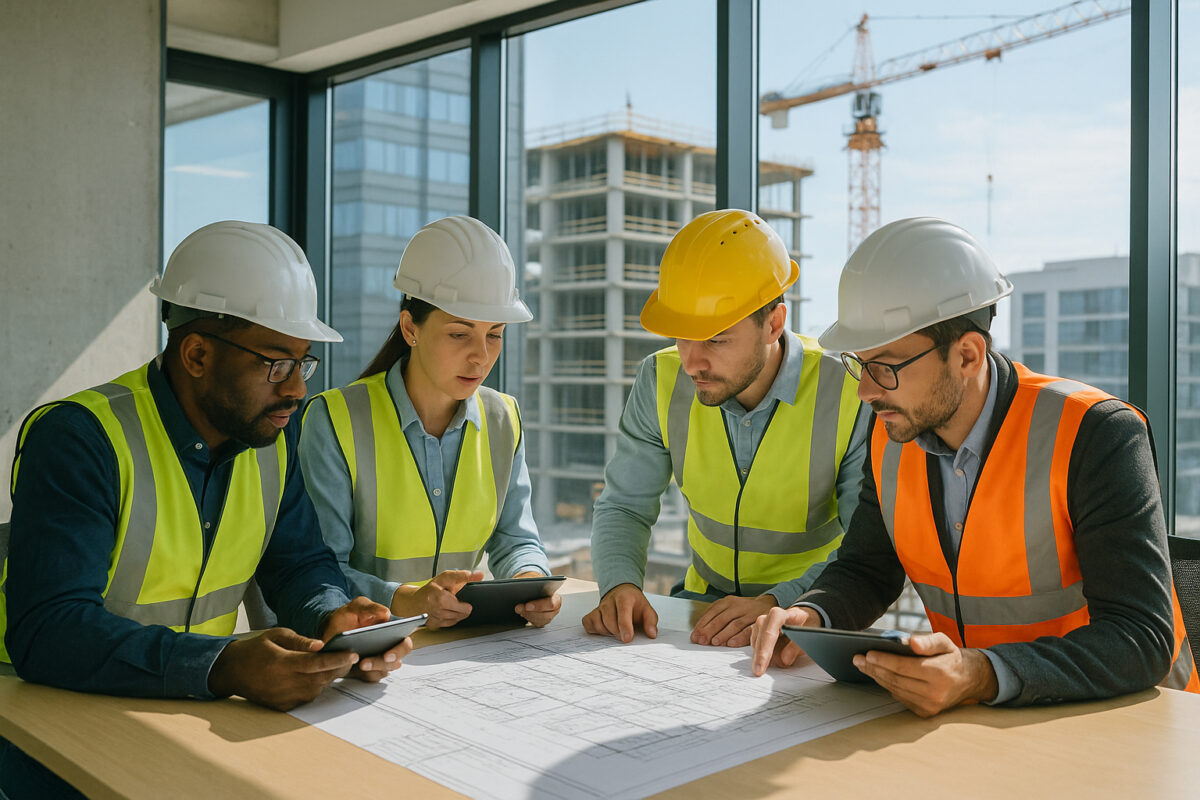 Photo hyperrealiste d un bureau de chantier moderne avec équipe d ingénieurs