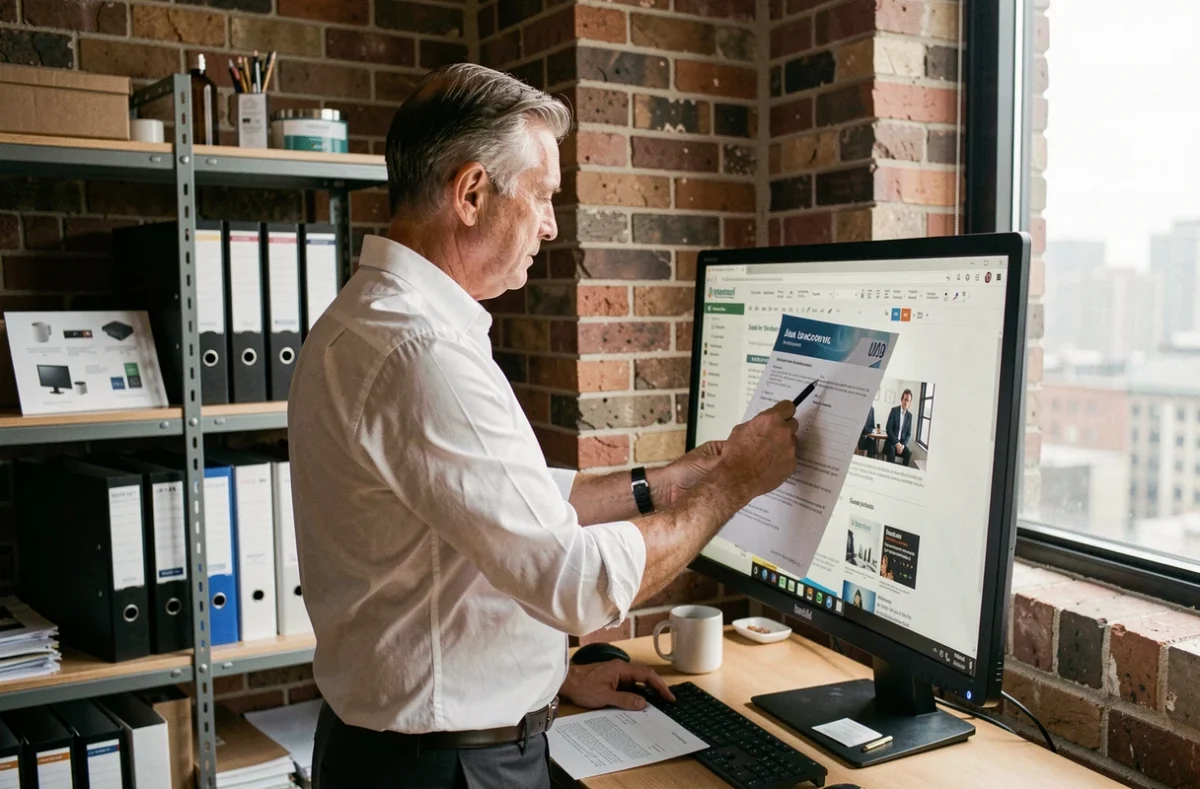 Chef d'entreprise PME consultant un magazine B2B en ligne pour optimiser sa stratégie de leads commerciaux
