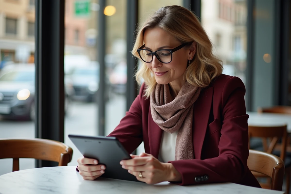 Cheffe d'entreprise analysant ses statistiques en ligne sur une tablette dans un café pour optimiser sa visibilité sur internet