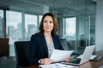Femme cheffe d'entreprise de nettoyage examinant des documents financiers avant la vente de sa société