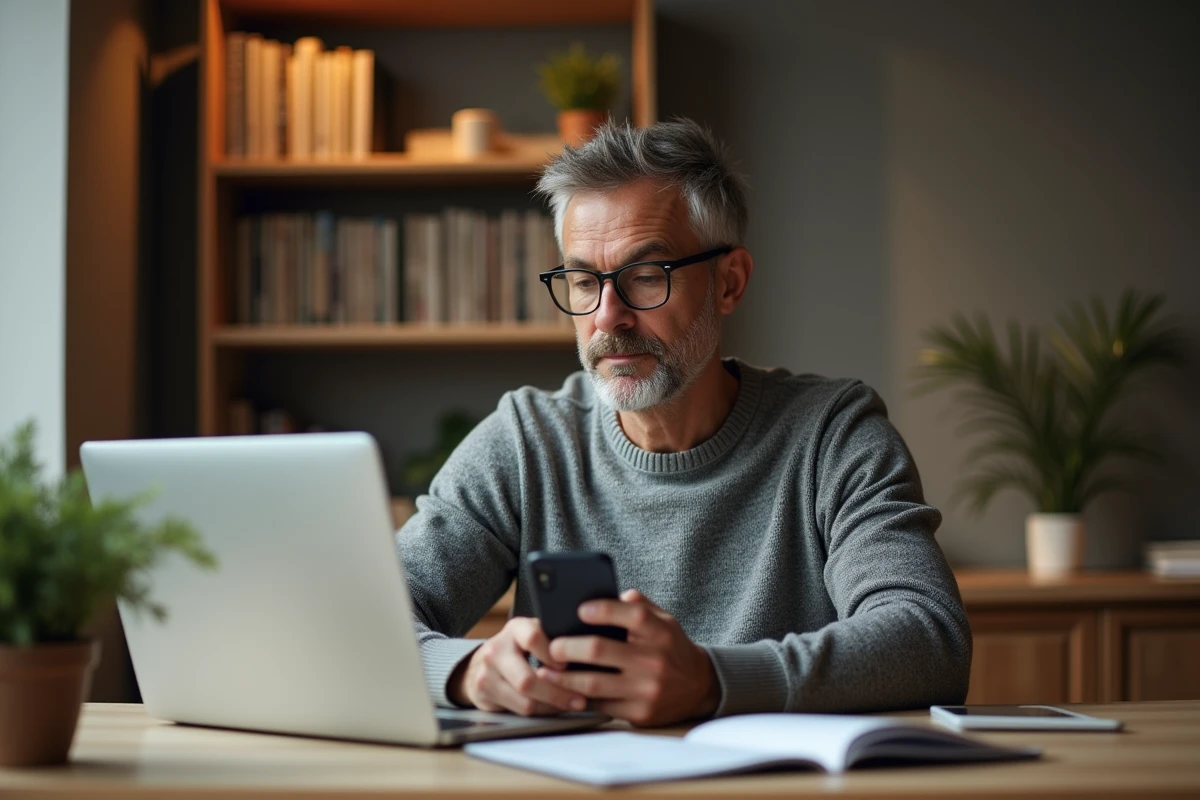 Homme consultant le service d'assistance BNP Paribas Alis en ligne depuis son bureau à domicile avec un ordinateur portable
