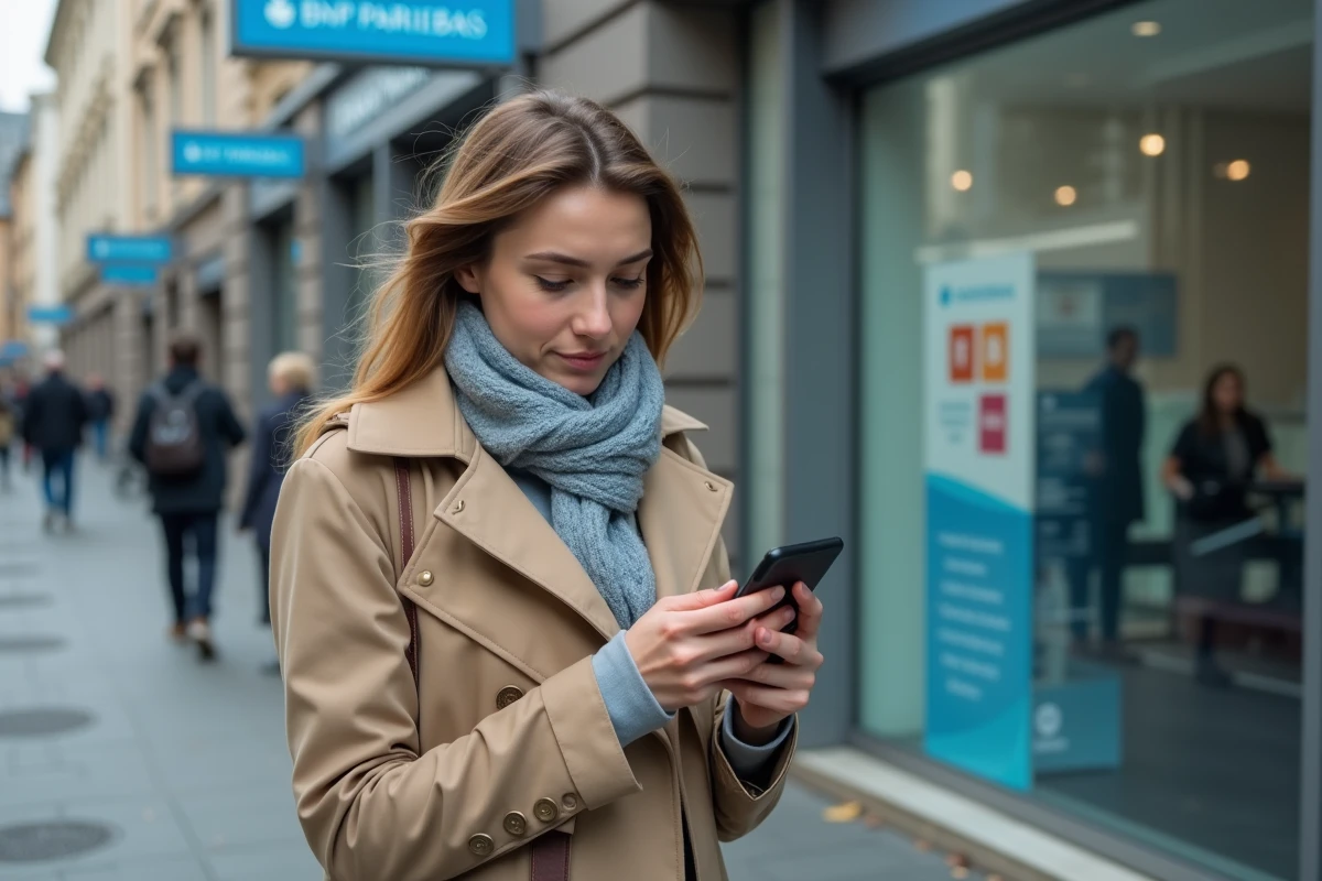 Jeune femme devant une agence BNP Paribas Alis consultant son téléphone pour trouver un contact en cas de blocage