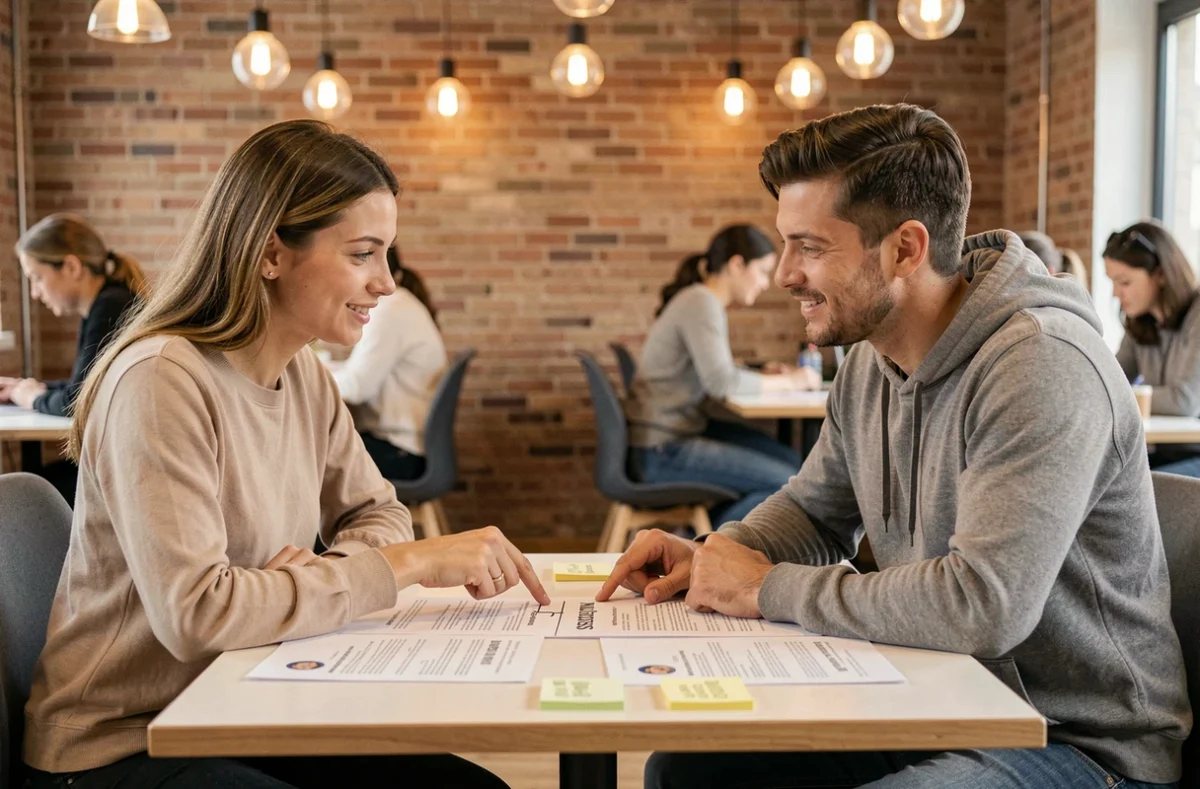 Deux professionnels en séance de coaching CV en anglais discutant des termes sponsor et sponsorship sur des documents imprimés dans un espace de coworking