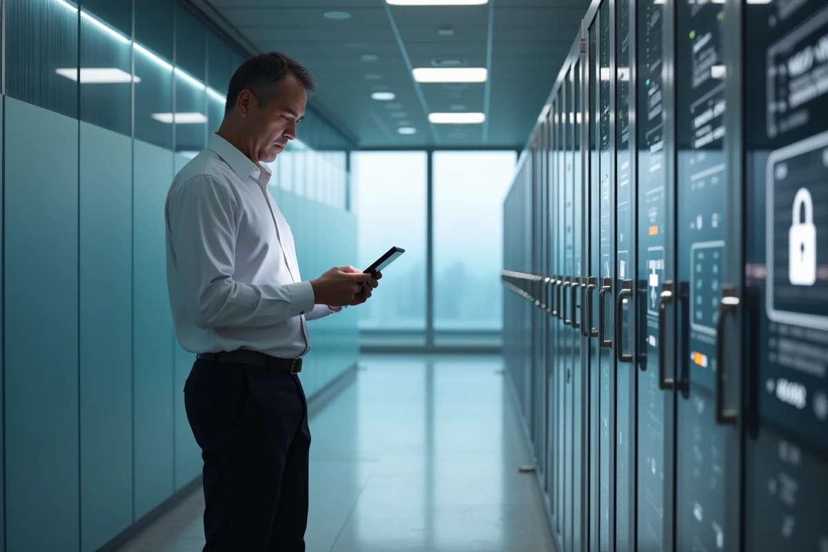 Responsable informatique consultant un coffre-fort numérique de bulletins de paie sur tablette dans un couloir de serveurs