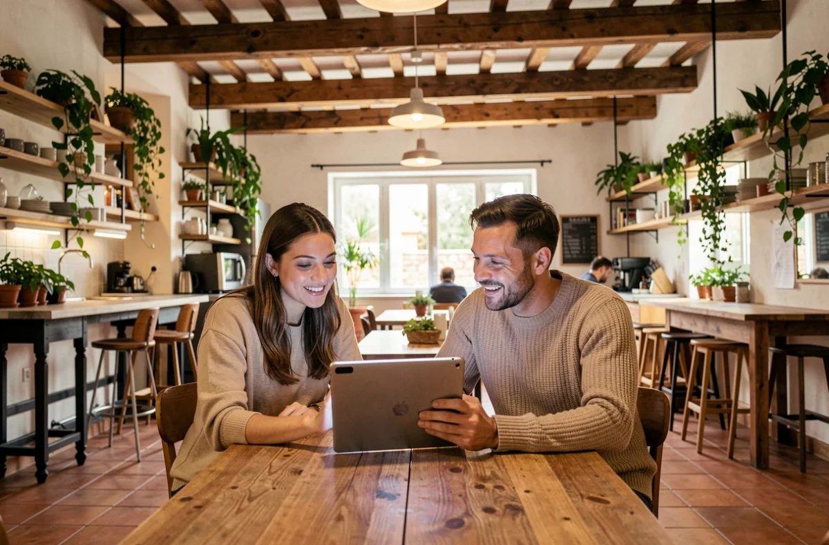 Deux professionnels en collaboration sur une tablette dans un espace de coworking au design régional sudiste avec poutres en bois