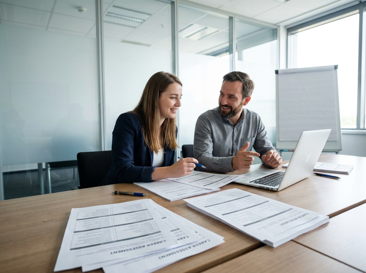Deux collègues analysant ensemble les résultats d'un outil de préparation à l'évolution professionnelle lors d'une réunion