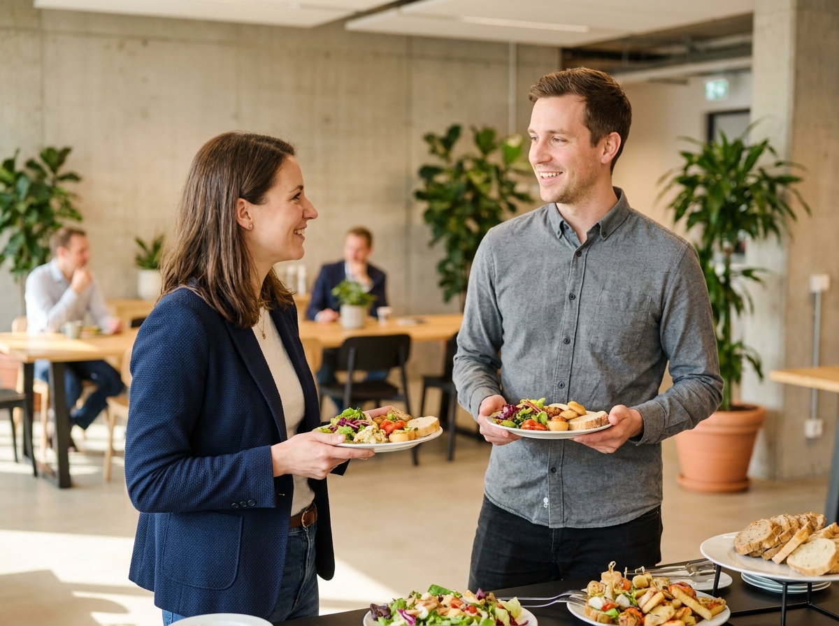 Deux collègues en tenue professionnelle décontractée échangeant autour d'un buffet d'entreprise dans un espace de pause moderne