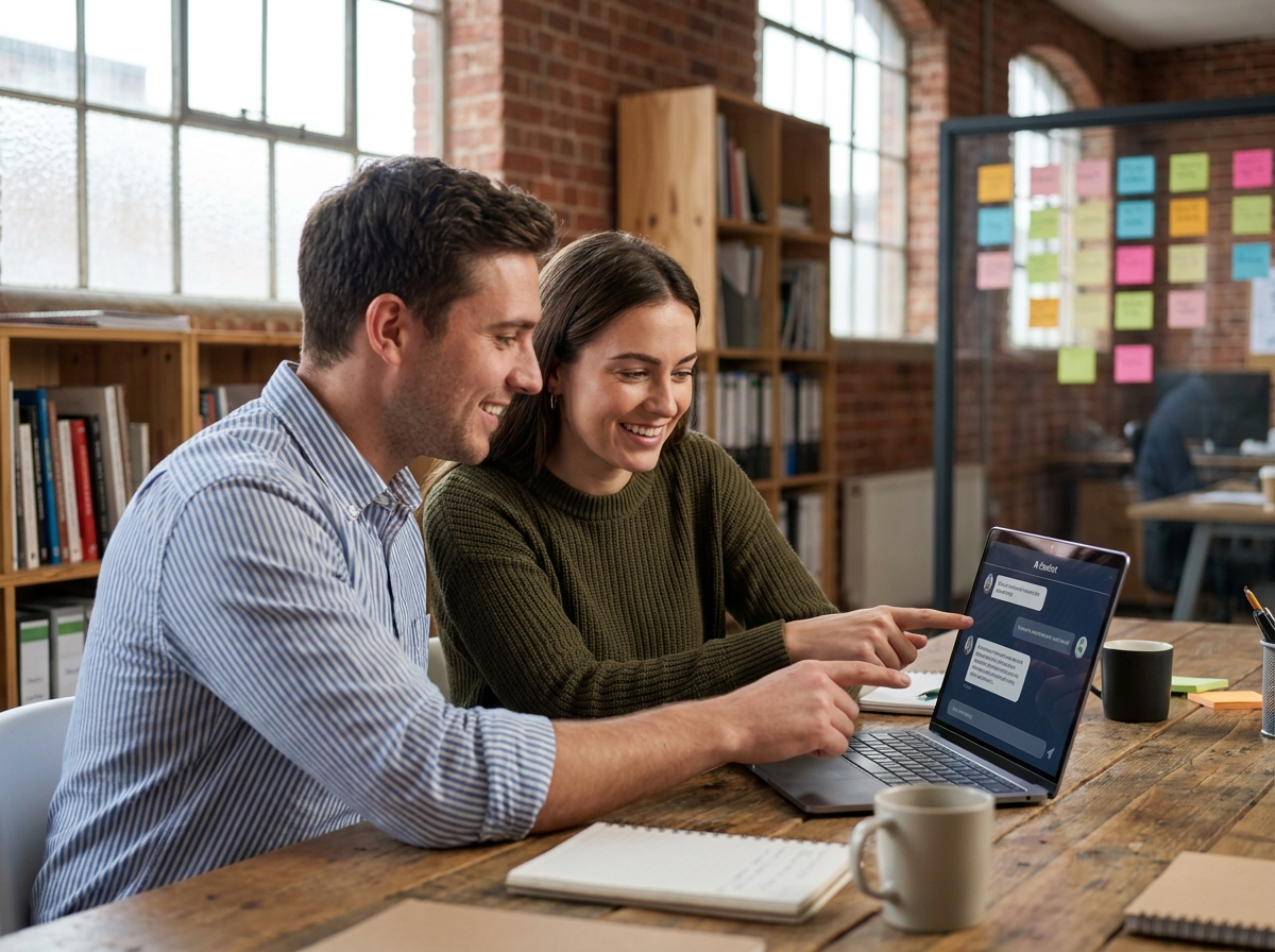 Deux collègues collaborant avec un assistant IA sur un ordinateur portable dans un espace de travail créatif