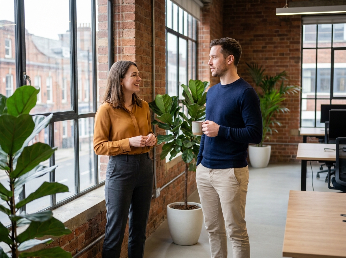 Deux collègues en tenues professionnelles coordonnées discutant dans un espace de coworking, illustrant l'importance du choix vestimentaire au travail