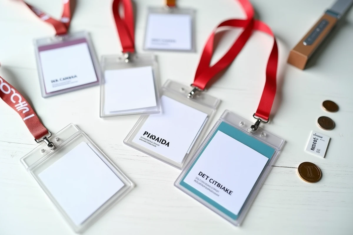 Comparaison de différents supports d'identification pour congrès : badges plastique, lanyards et bracelets avec indication de budget