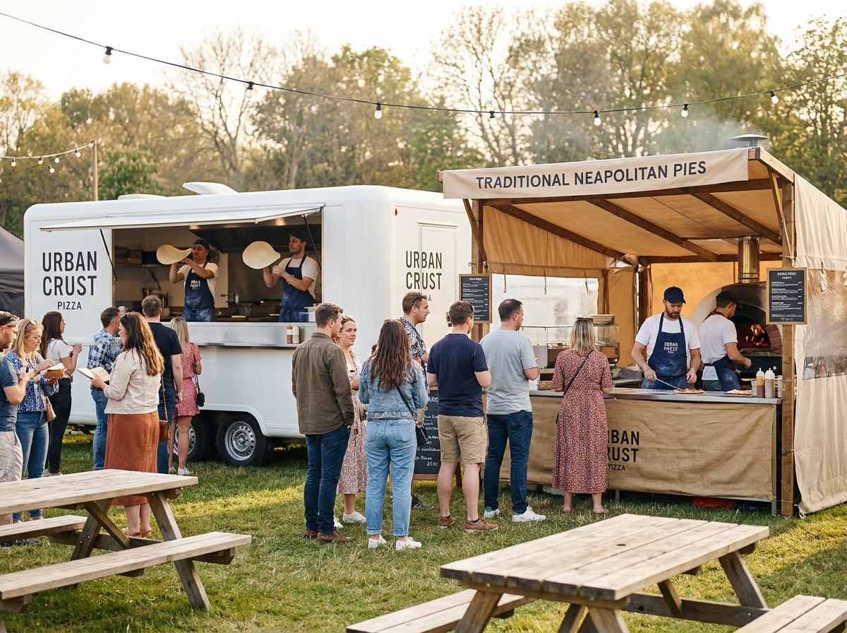 Festival gastronomique en plein air montrant côte à côte un camion à pizza moderne et un stand de pizzeria fixe avec une foule de visiteurs