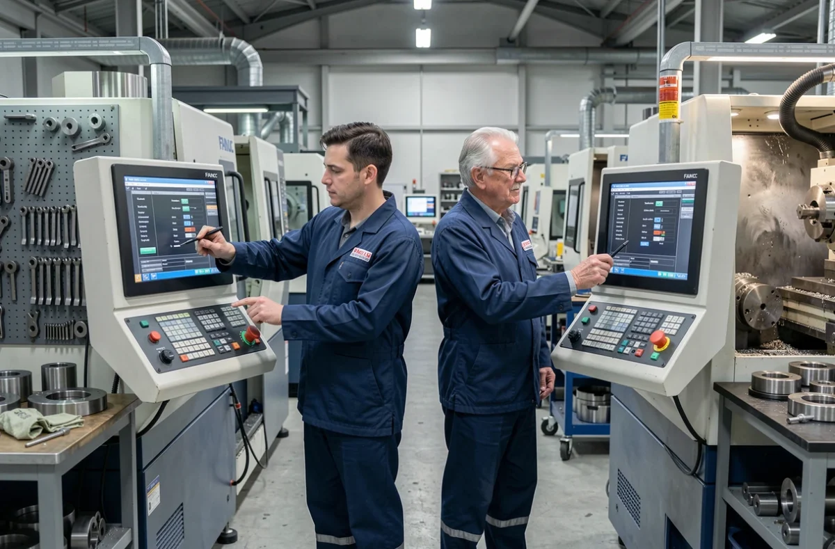 Deux opérateurs CNC comparant les interfaces de commande Fanuc et MC sur des tours industriels en atelier