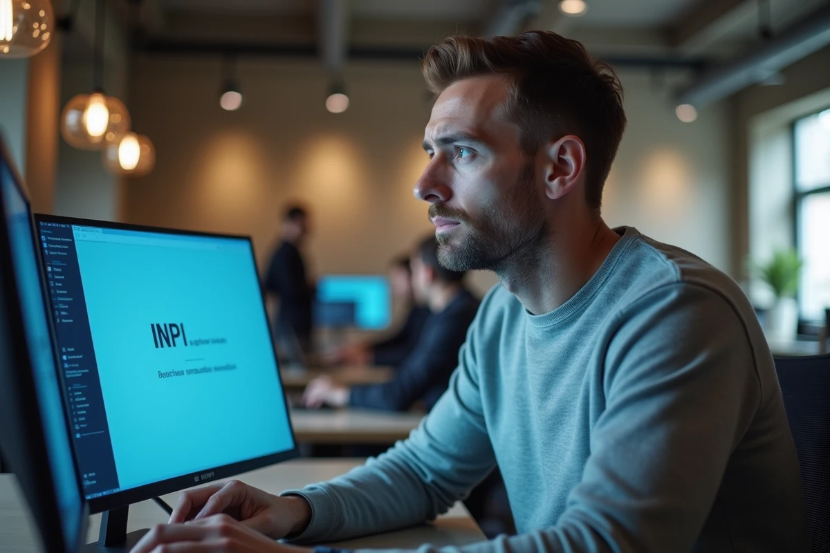 Entrepreneur masculin comparant le guichet unique INPI et Legalstart sur deux écrans dans un espace de coworking