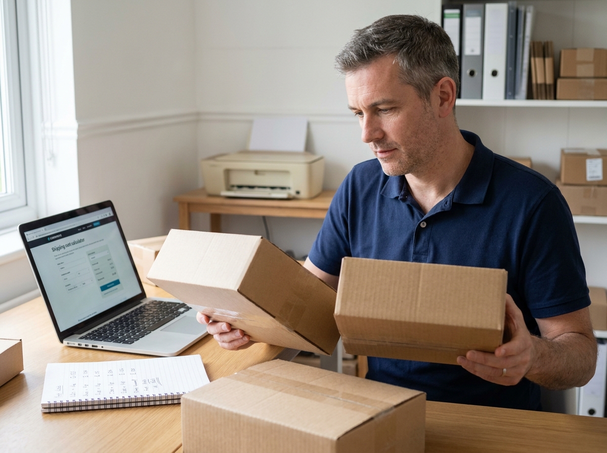 Homme comparant des tailles de caisses carton à son bureau pour optimiser les expéditions e-commerce