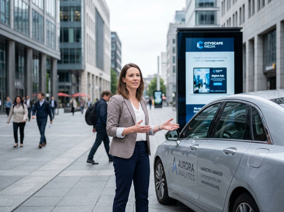 Responsable marketing comparant un véhicule d'entreprise brandé et un panneau publicitaire fixe dans un quartier d'affaires