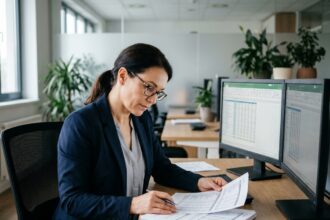 Comptable analysant des relevés financiers à son bureau pour un suivi comptable rigoureux
