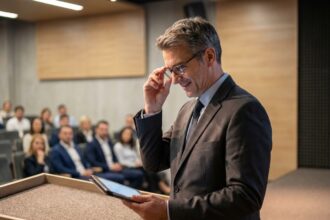 Conférencier homme en costume lors d'une conférence
