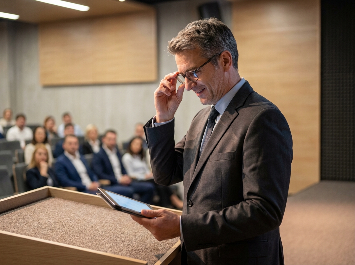 Conférencier homme en costume lors d'une conférence