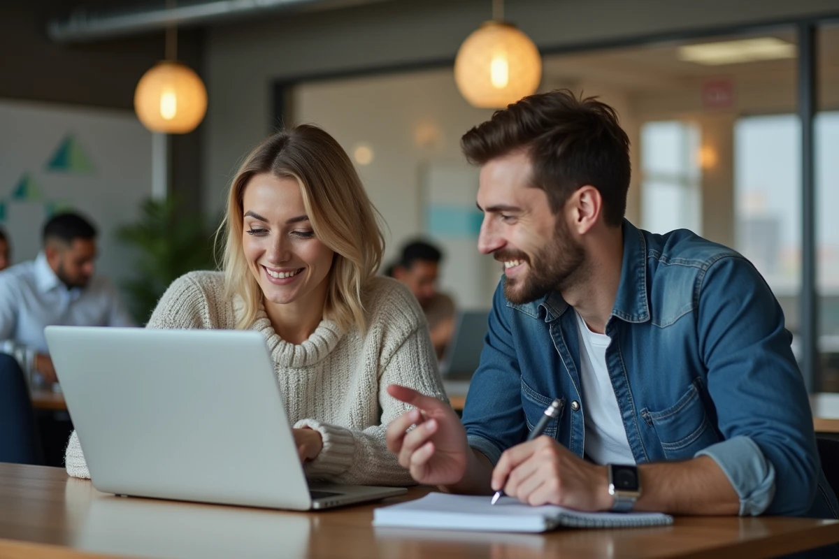 Deux collègues collaborant pour configurer un compte lors d'une première visite sur un logiciel RH en espace de coworking