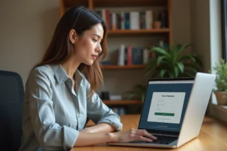 Femme connectée à l'espace My Arkevia sur un ordinateur portable pour accéder à sa fiche de paie en ligne
