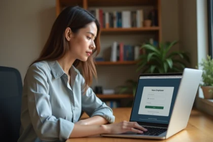 Femme connectée à l'espace My Arkevia sur un ordinateur portable pour accéder à sa fiche de paie en ligne