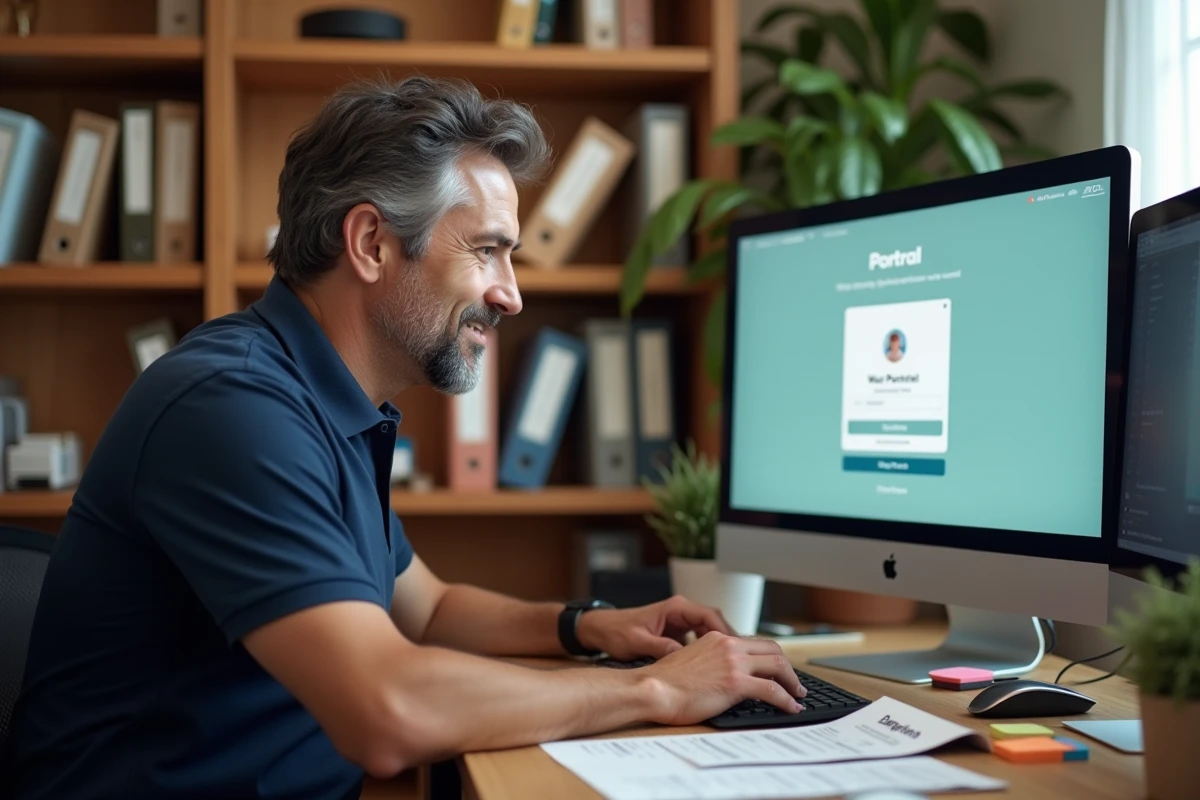 Homme en télétravail suivant les étapes de première connexion sur un portail d'entreprise depuis son bureau à domicile