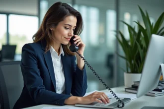 Conseillère bancaire BNP Paribas Alis au téléphone avec un client en agence, bureau professionnel moderne