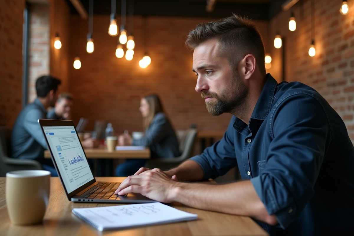 Consultant en marketing digital calculant le coût par clic d'une campagne PPC dans un espace de coworking