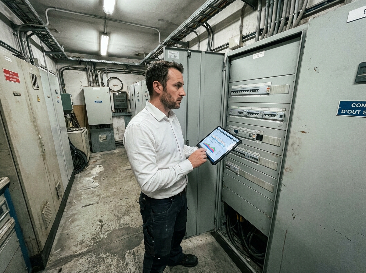Consultant en énergie examinant un tableau électrique pour optimiser le contrat EDF Tarif Bleu d'une PME