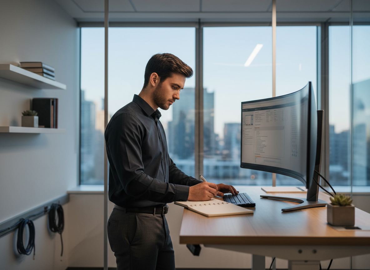 Jeune consultant analysant des données ERP sur un grand écran au bureau