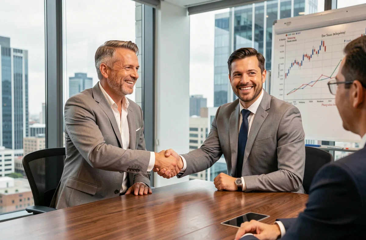 Consultant financier en portage salarial signant un contrat avec un client en salle de réunion